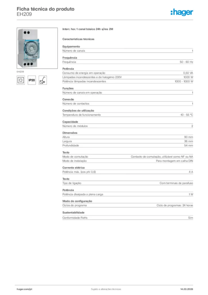 Imagem Hager Ficha técnica do produto EH209 | Hager Portugal