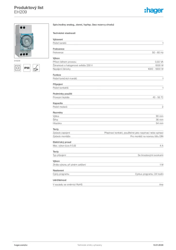 Obrázek Hager Product data sheet EH209 | Hager