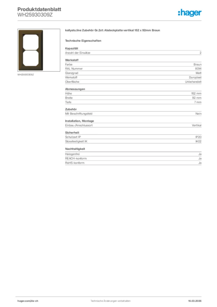 Bild Hager Produktdatenblatt WH25930309Z | Hager Schweiz