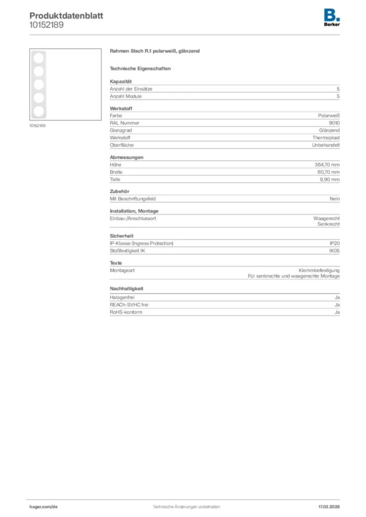 Bild Berker Produktdatenblatt 10152189 | Hager Deutschland