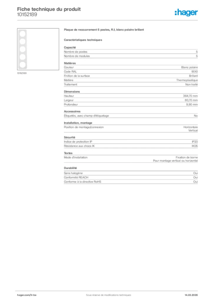 Image Hager Fiche technique du produit 10152189 | Hager Belgique