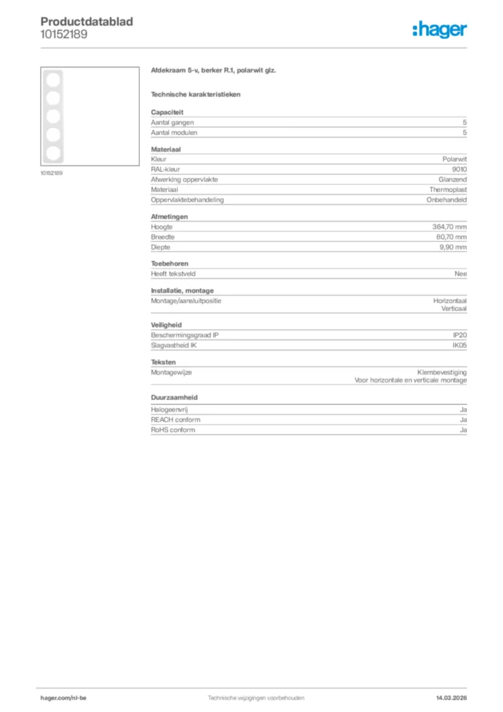Afbeelding Hager Productdatablad 10152189 | Hager Belgium