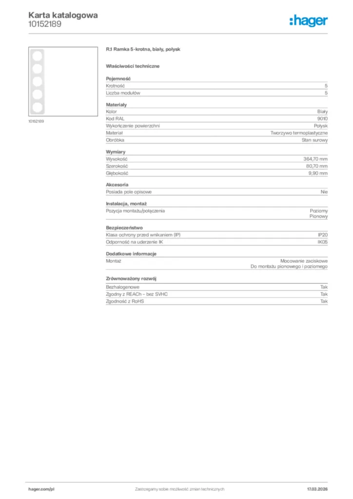 Zdjęcie Hager Karta katalogowa 10152189 | Hager Polska