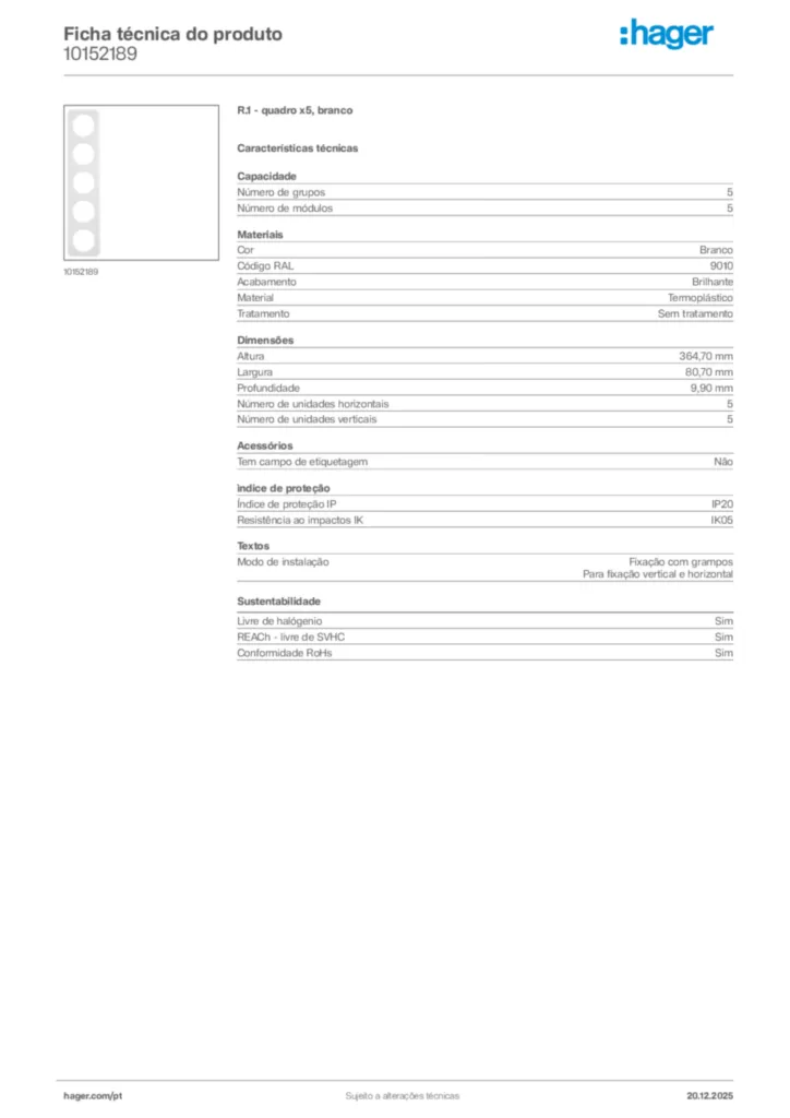 Imagem Hager Ficha técnica do produto 10152189 | Hager Portugal