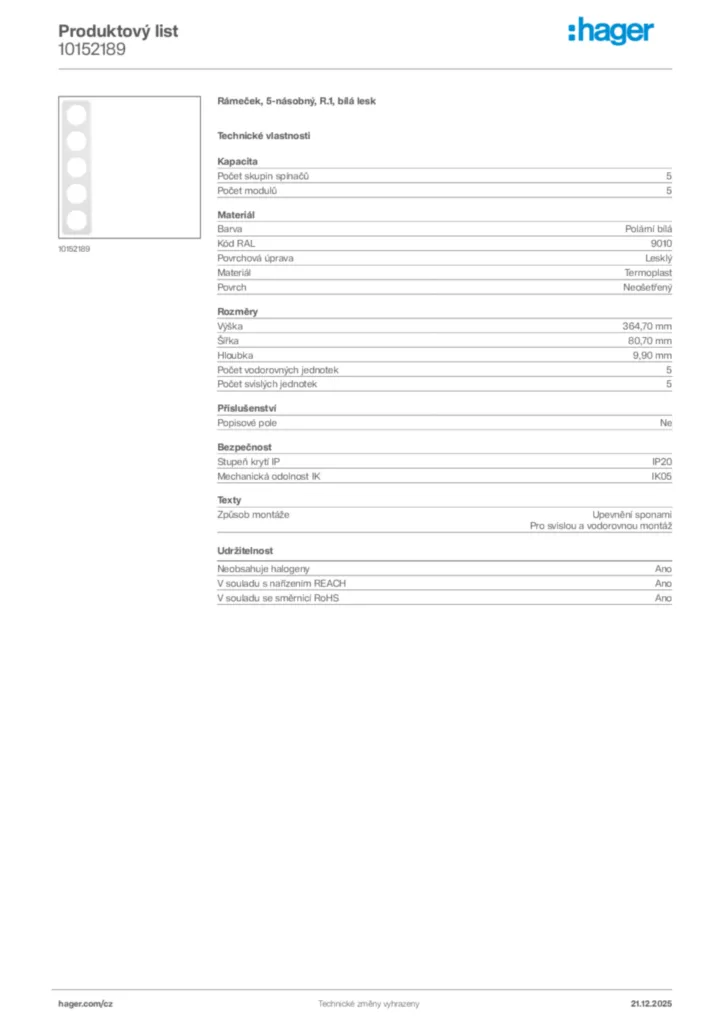 Obrázek Hager Produktový list 10152189 | Hager
