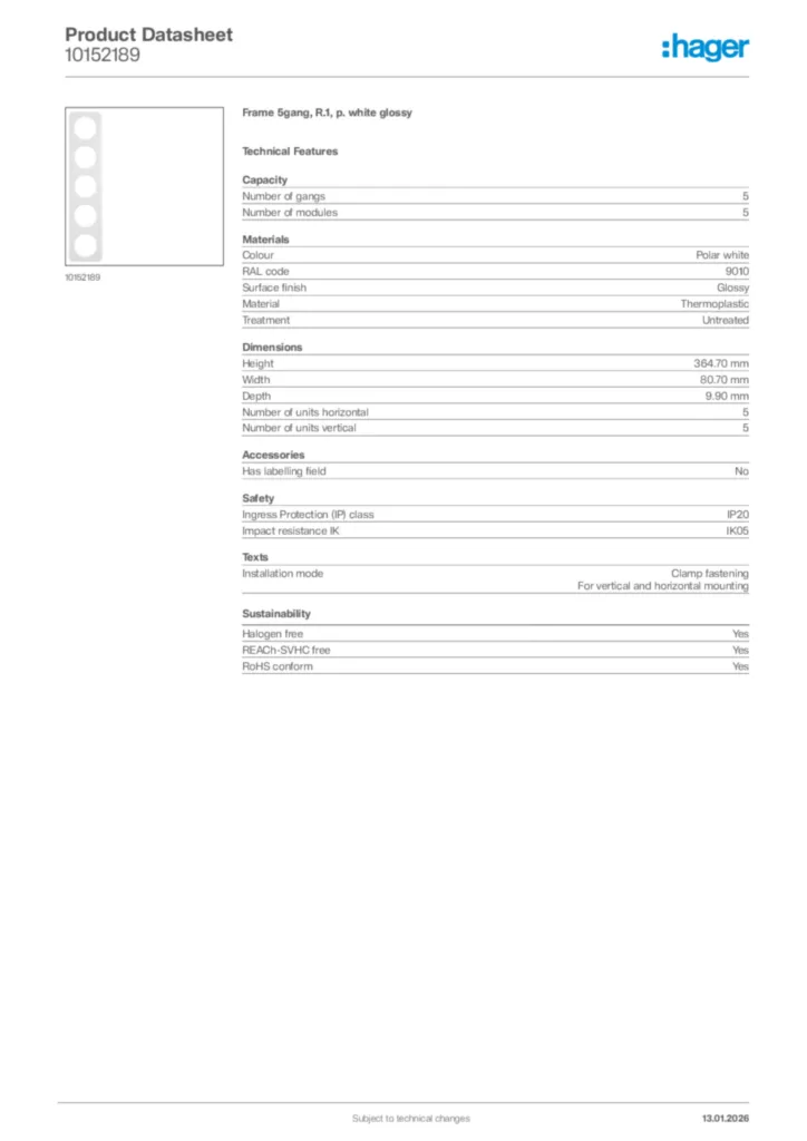 Image Hager Product data sheet 10152189  | Hager