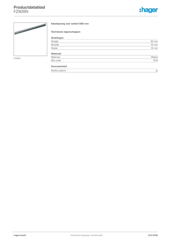 Afbeelding Hager Productdatablad FZ805N | Hager Nederland