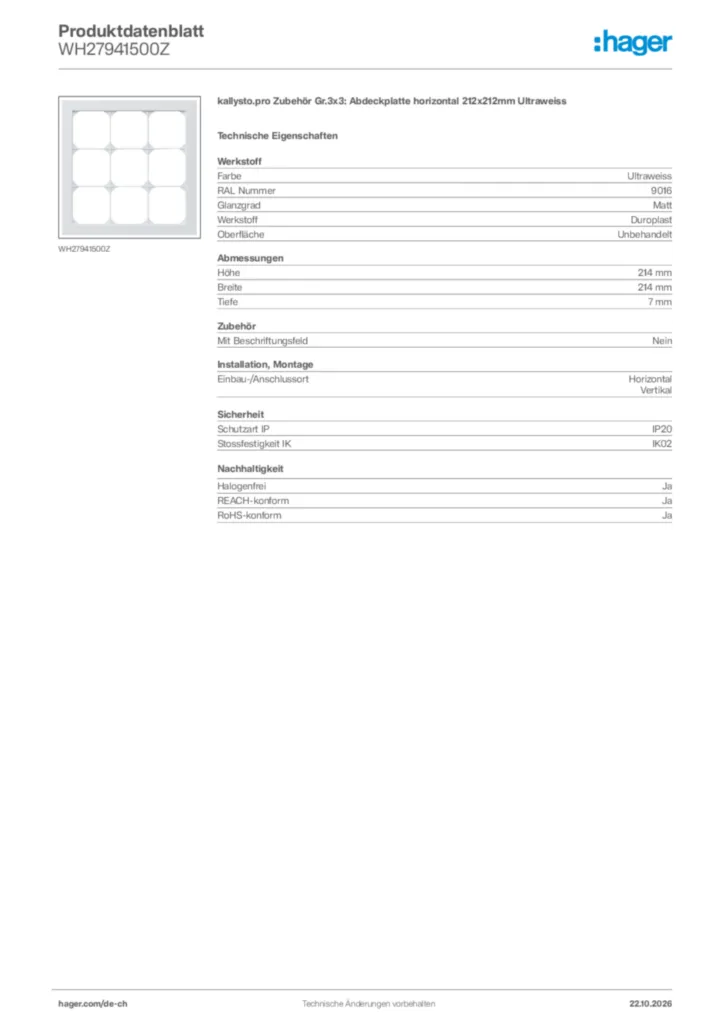 Bild Hager Produktdatenblatt WH27941500Z | Hager Schweiz