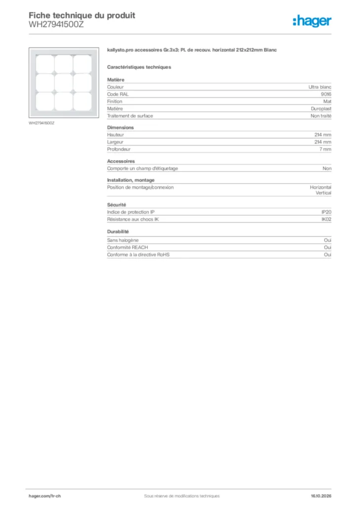 Image Hager Fiche technique du produit WH27941500Z | Hager Suisse