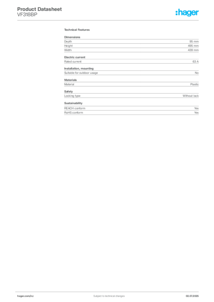 Image Hager Product data sheet VF318BP  | Hager New Zealand