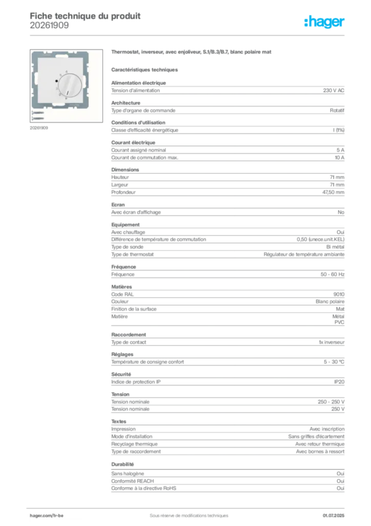 Image Hager Fiche technique du produit 20261909 | Hager Belgique