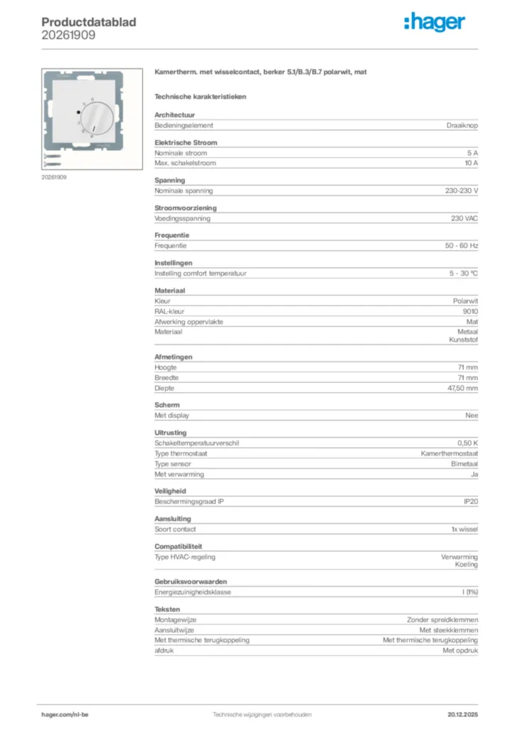 Afbeelding Hager Productdatablad 20261909 | Hager Belgium