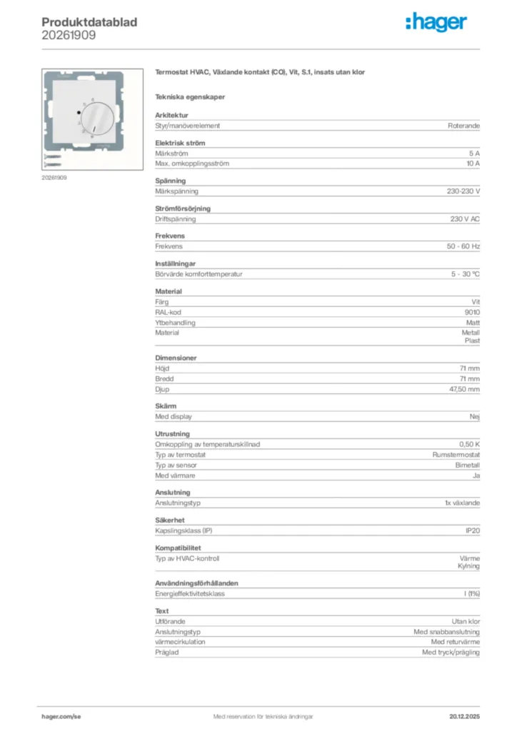 Bild Hager Produktdatablad 20261909 | Hager Sverige