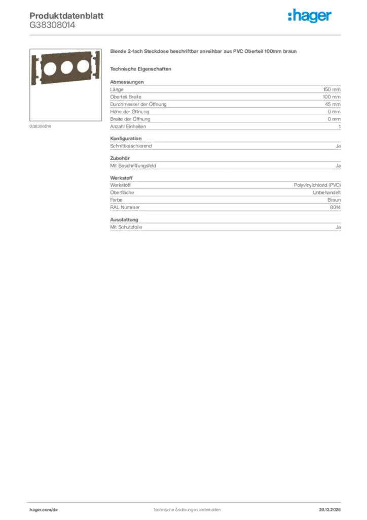 Bild Hager Produktdatenblatt G38308014 | Hager Deutschland