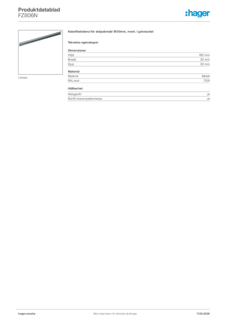 Bild Hager Produktdatablad FZ806N | Hager Sverige