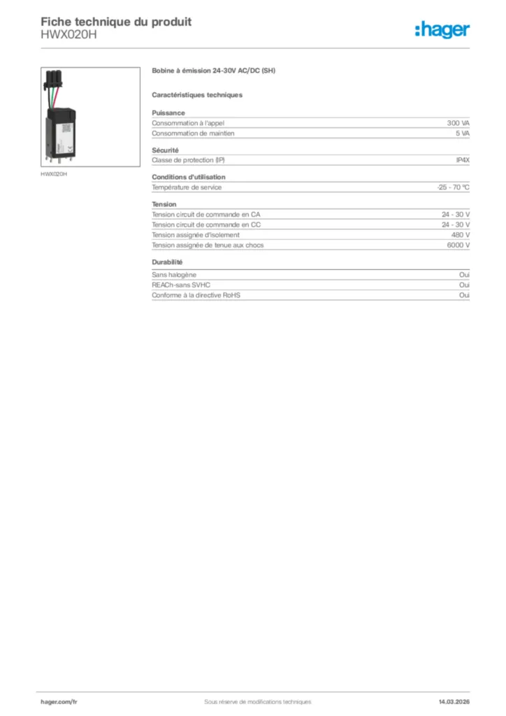 Image Hager Fiche technique du produit HWX020H | Hager France