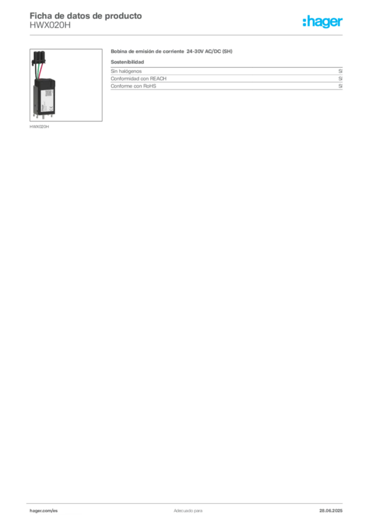 Imagen Hager Ficha de datos de producto HWX020H | Hager España