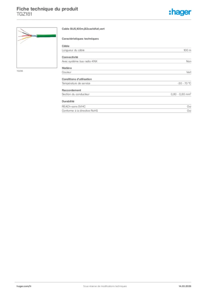Image Hager Fiche technique du produit TGZ181 | Hager France