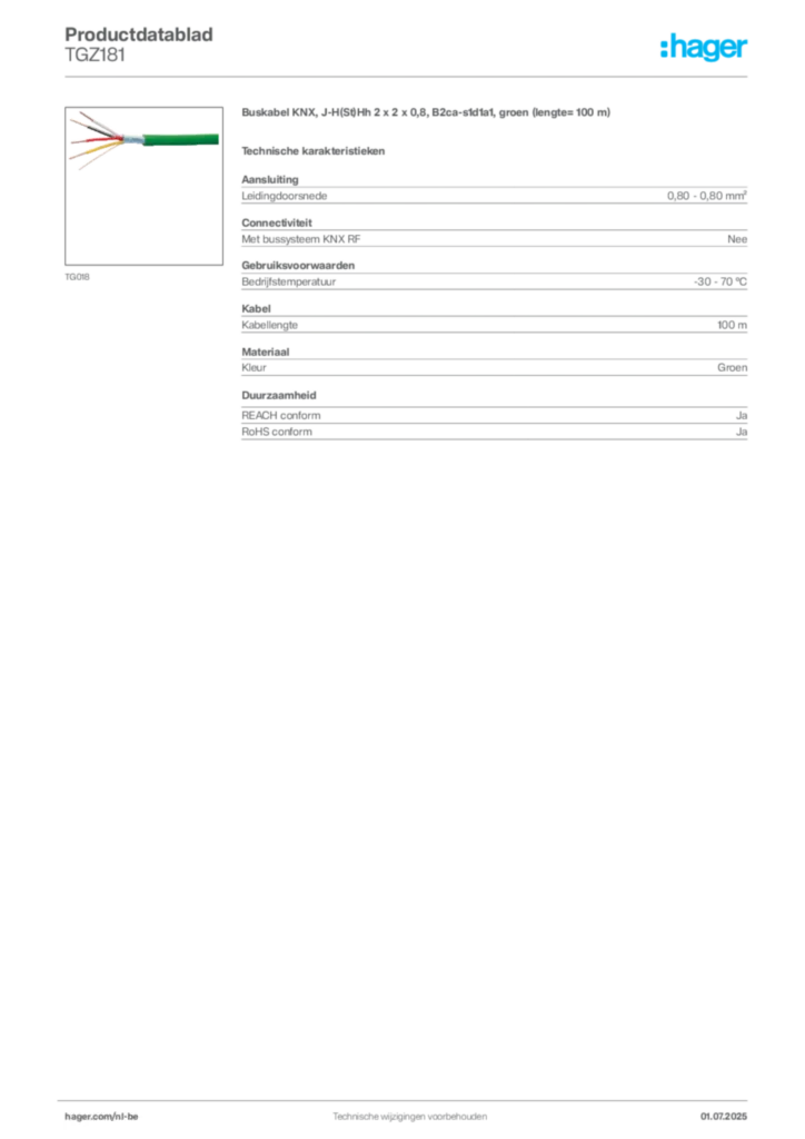 Afbeelding Hager Productdatablad TGZ181 | Hager Belgium