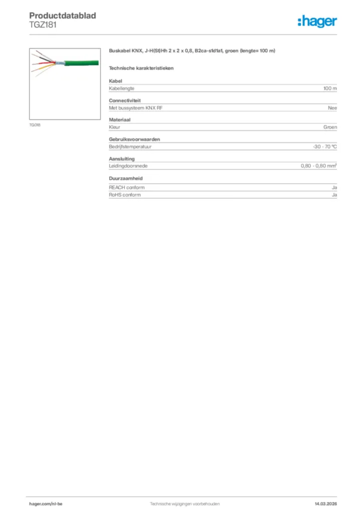 Afbeelding Hager Productdatablad TGZ181 | Hager Belgium
