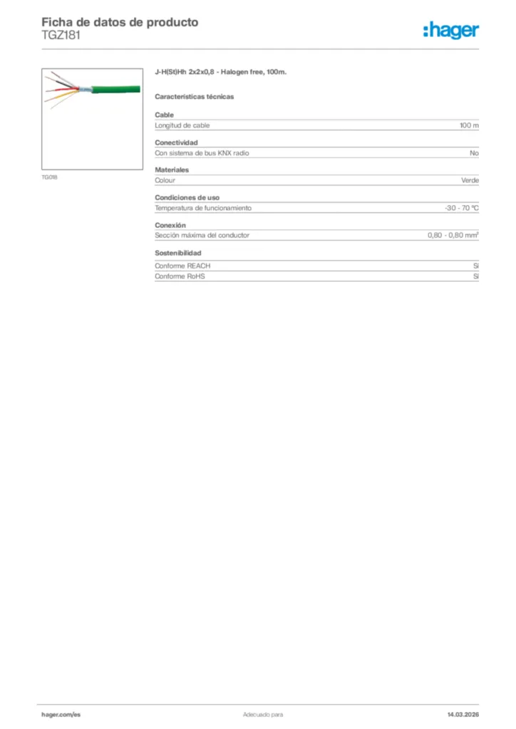 Imagen Hager Ficha de datos de producto TGZ181 | Hager España