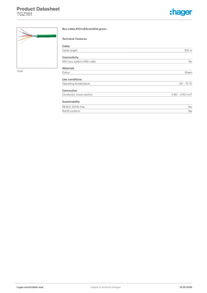 Image Hager Product data sheet TGZ181  | Hager