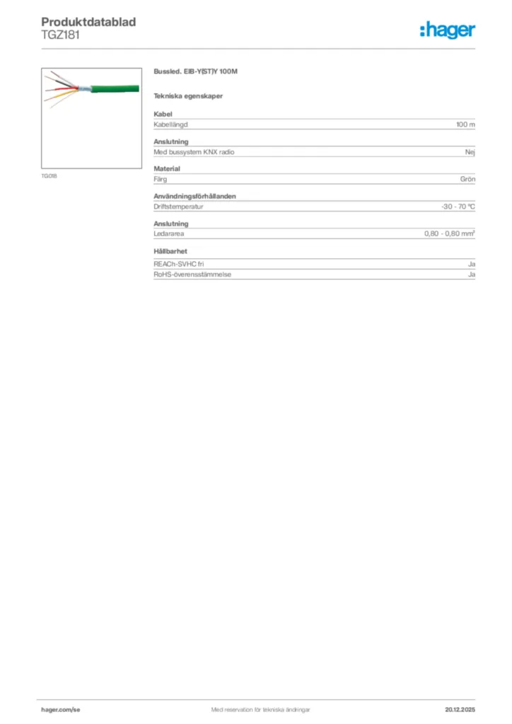 Bild Hager Produktdatablad TGZ181 | Hager Sverige