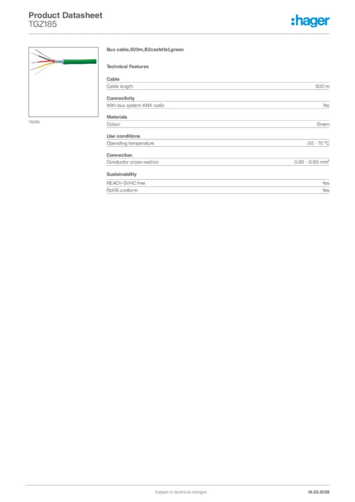 Image Hager Product data sheet TGZ185  | Hager Africa