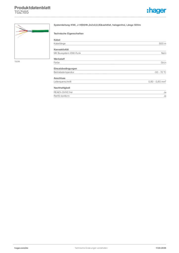 Bild Hager Produktdatenblatt TGZ185 | Hager Deutschland