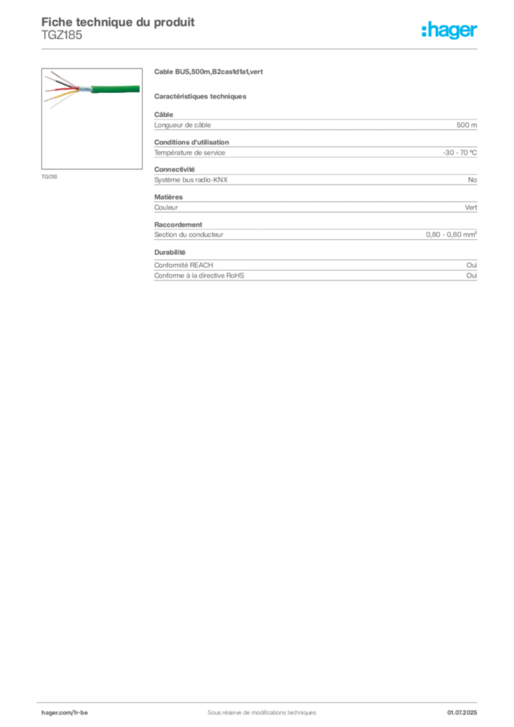 Image Hager Fiche technique du produit TGZ185 | Hager Belgique