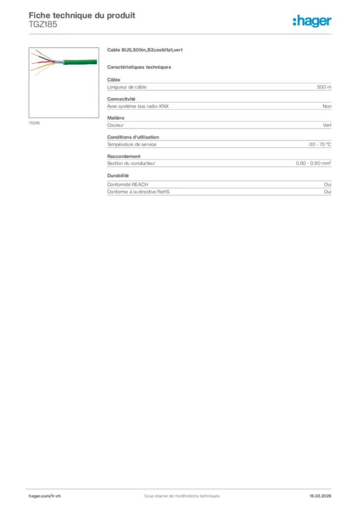 Image Hager Fiche technique du produit TGZ185 | Hager Suisse