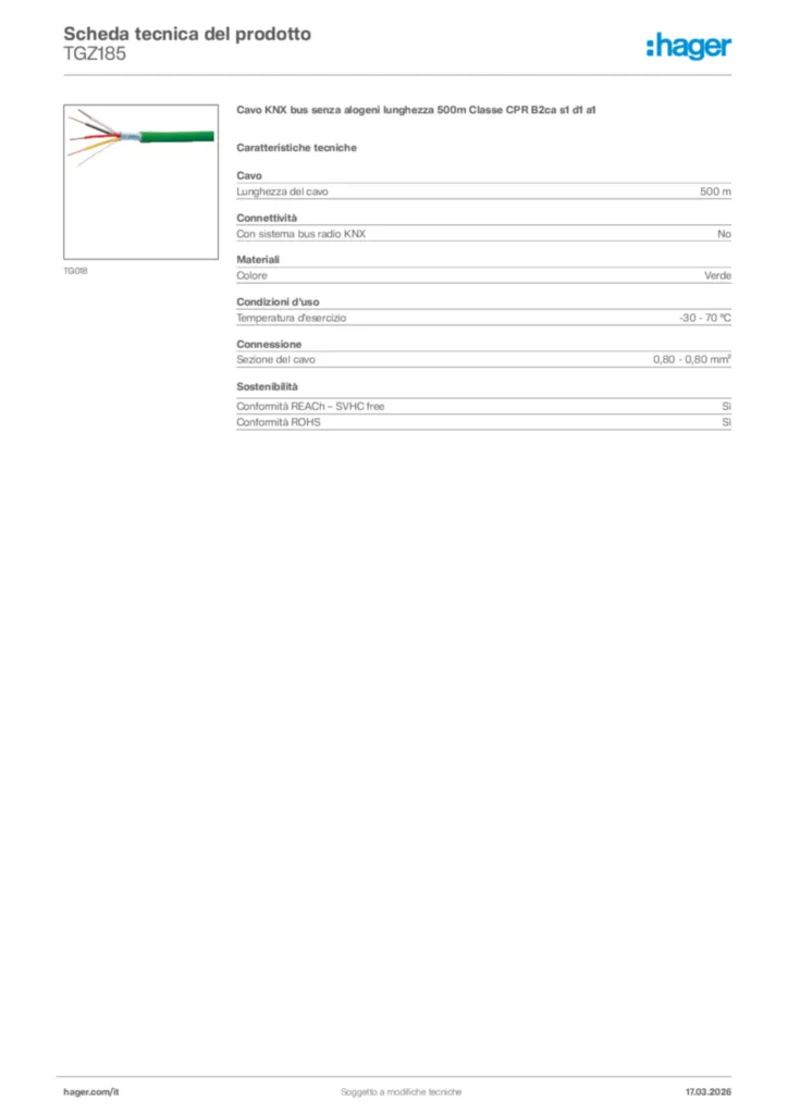 Immagine Hager Scheda tecnica del prodotto TGZ185 | Hager Italia