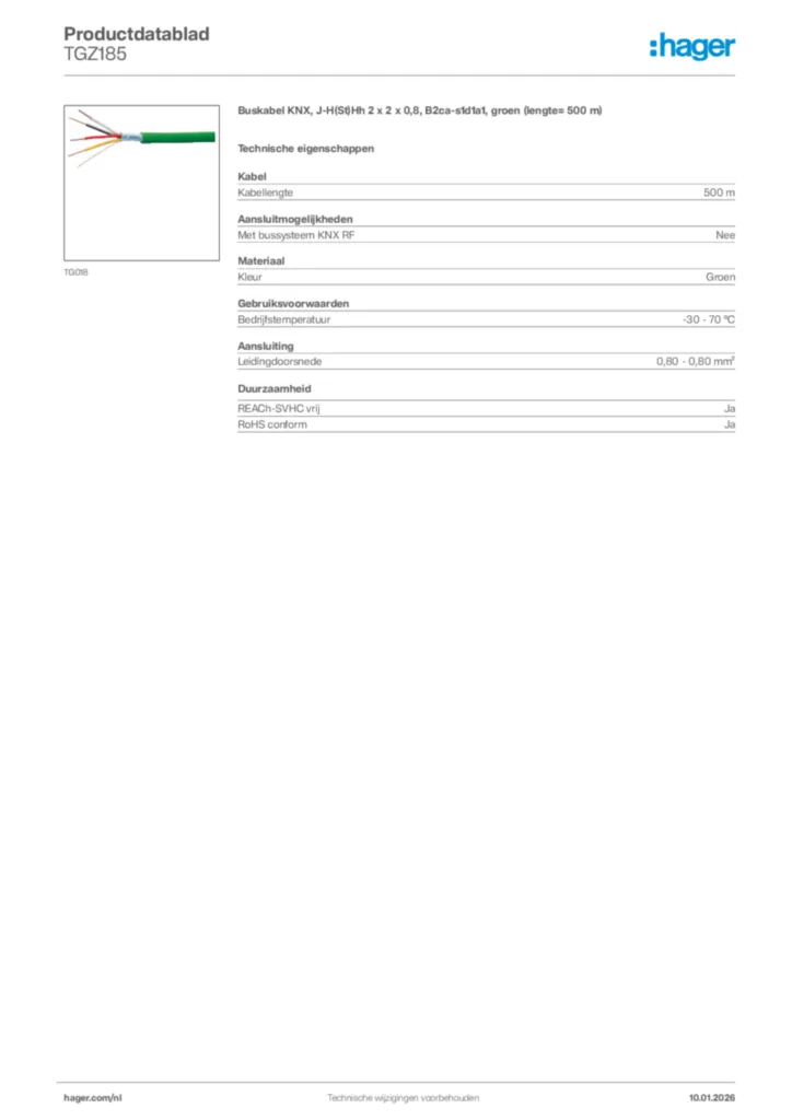 Afbeelding Hager Productdatablad TGZ185 | Hager Nederland