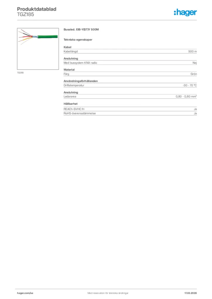 Bild Hager Produktdatablad TGZ185 | Hager Sverige