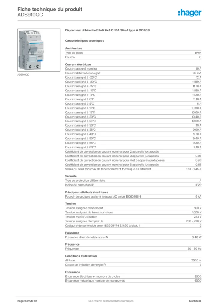 Image Hager Fiche technique du produit ADS910QC | Hager Suisse