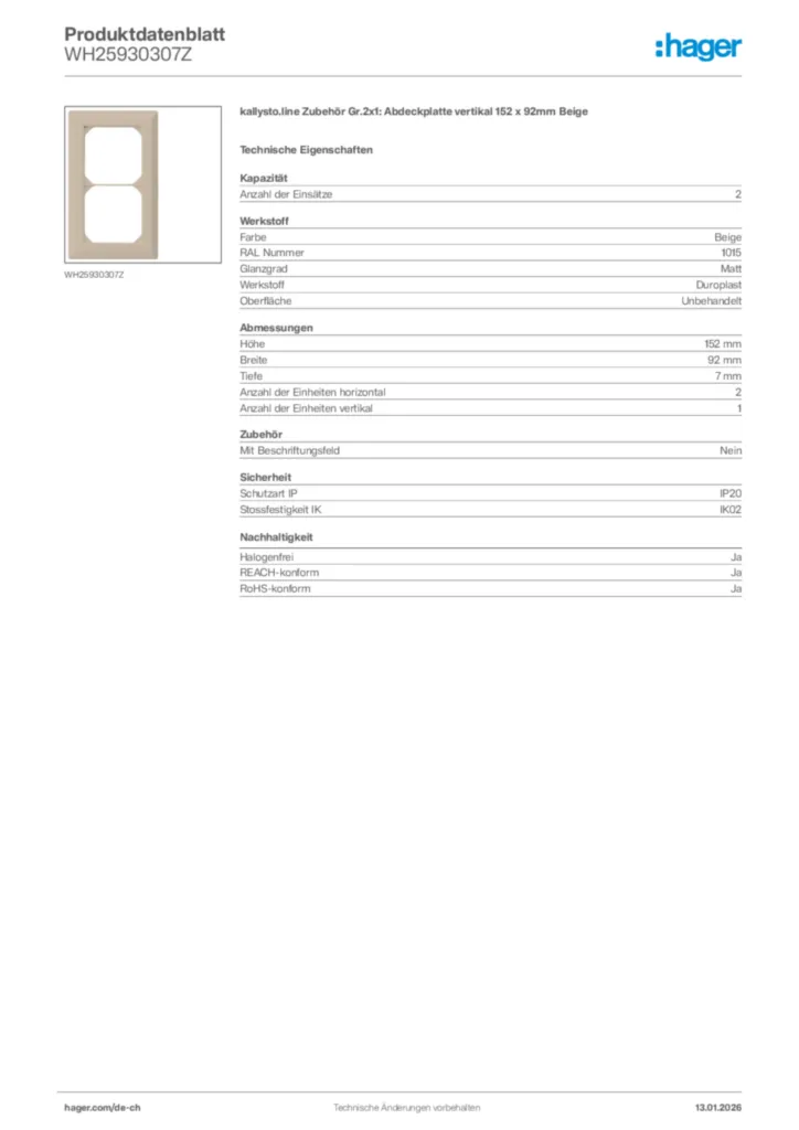 Bild Hager Produktdatenblatt WH25930307Z | Hager Schweiz
