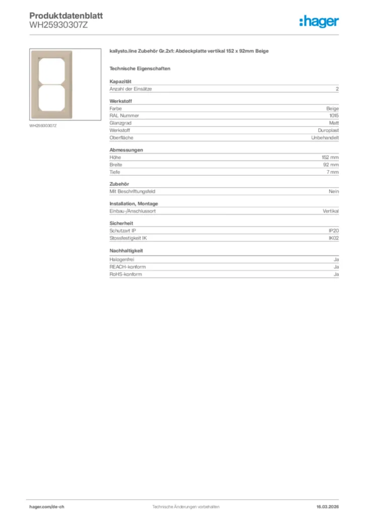 Bild Hager Produktdatenblatt WH25930307Z | Hager Schweiz