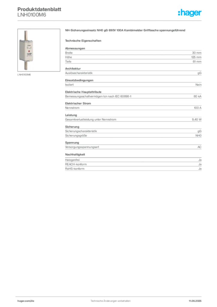 Hager Produktdatenblatt LNH0100M6