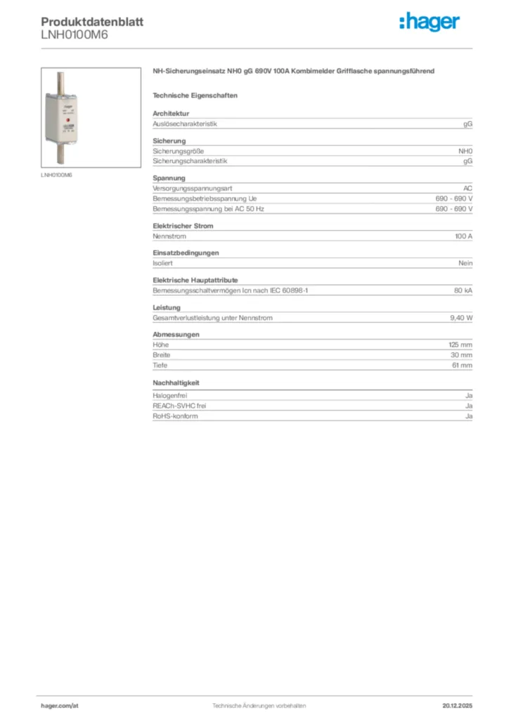 Bild Hager Produktdatenblatt LNH0100M6 | Hager Deutschland