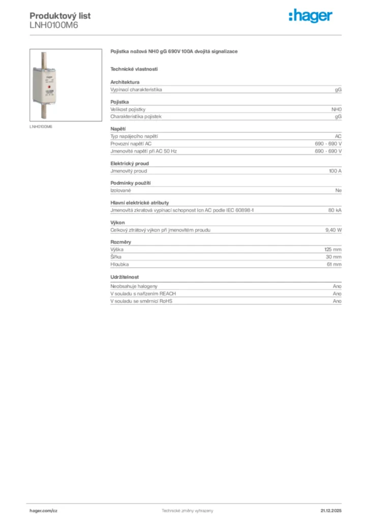 Obrázek Hager Produktový list LNH0100M6 | Hager