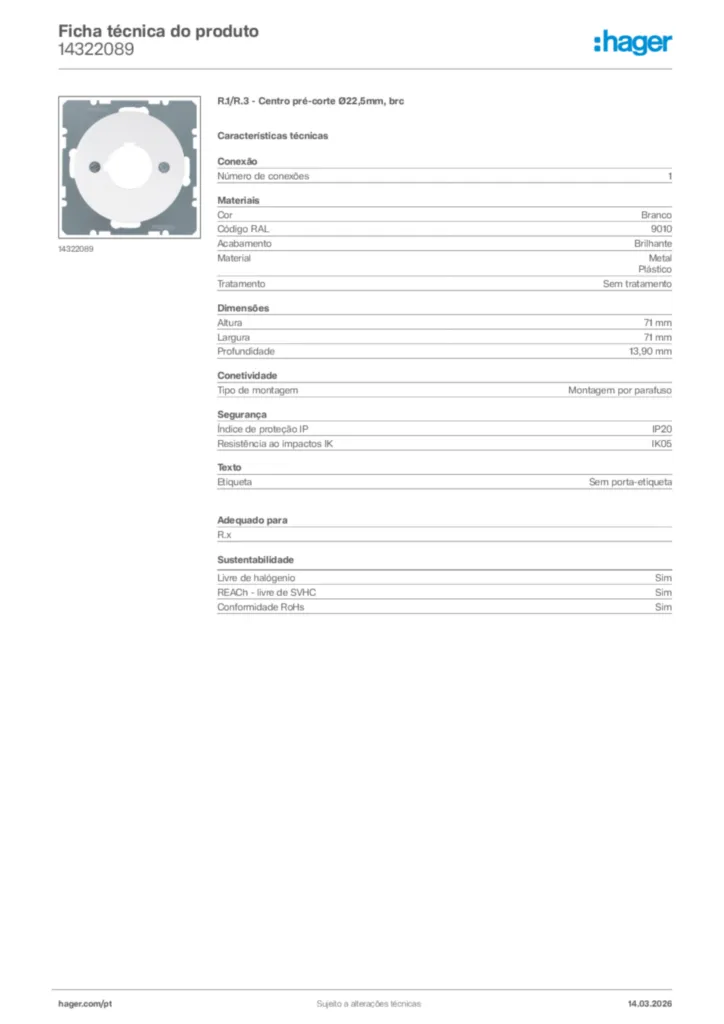 Imagem Hager Ficha técnica do produto 14322089 | Hager Portugal