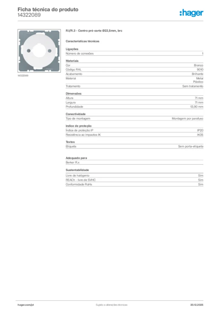 Imagem Hager Ficha técnica do produto 14322089 | Hager Portugal