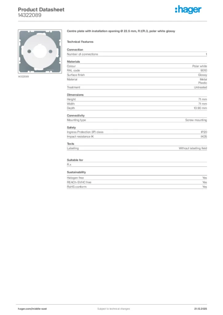 Image Hager Product data sheet 14322089  | Hager