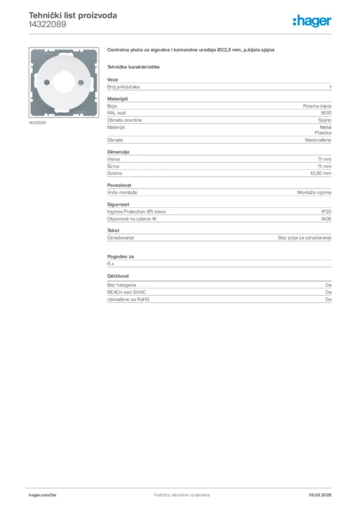 Slika Hager Tehnički list proizvoda 14322089  | Hager