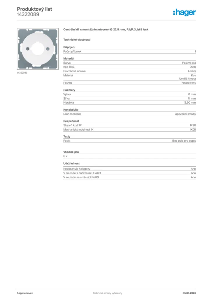 Obrázek Hager Product data sheet 14322089 | Hager