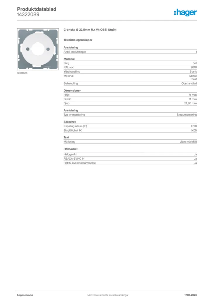 Bild Hager Produktdatablad 14322089 | Hager Sverige