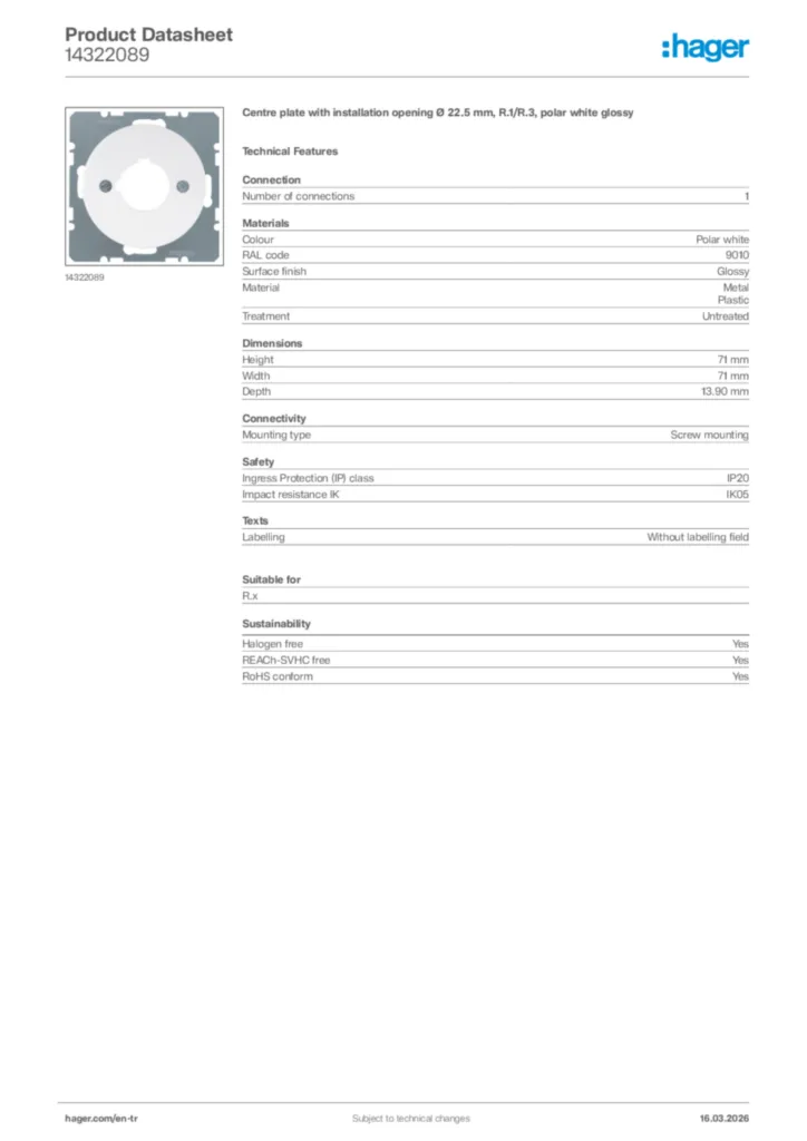 Image Hager Product data sheet 14322089  | Hager