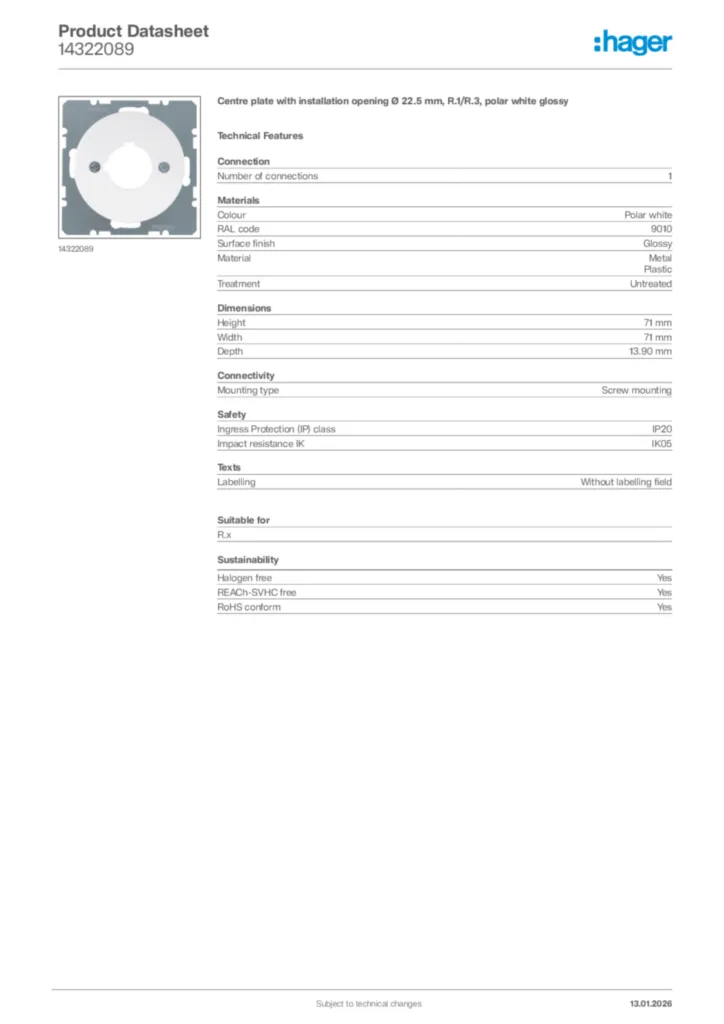 Image Hager Product data sheet 14322089  | Hager