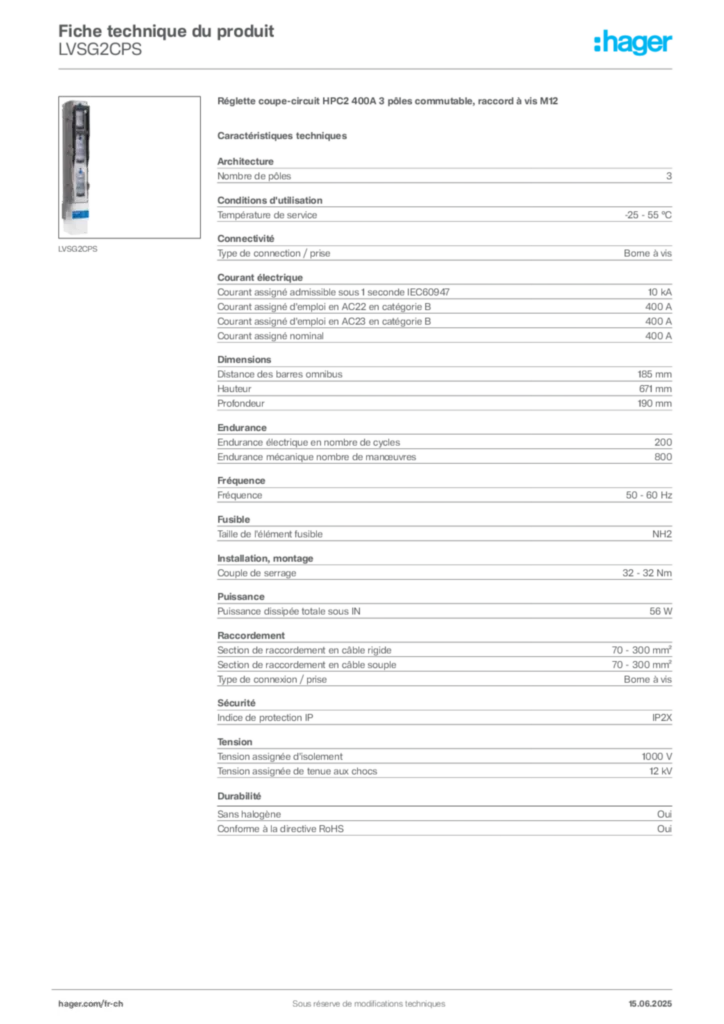 Image Hager Fiche technique du produit LVSG2CPS | Hager Suisse