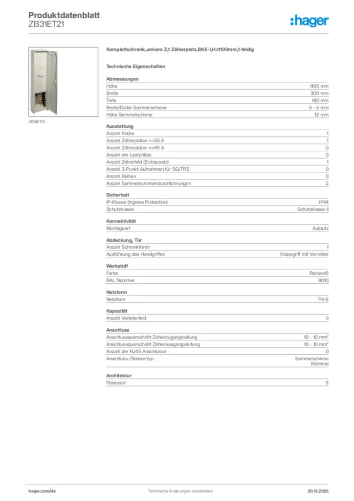 Bild Hager Produktdatenblatt ZB31ET21 | Hager Deutschland